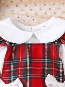 2 piezas Conjunto de niña bebé con blusa de manga larga con cuello Peter Pan blanco + pantalones cortos a cuadros, otoño/invierno