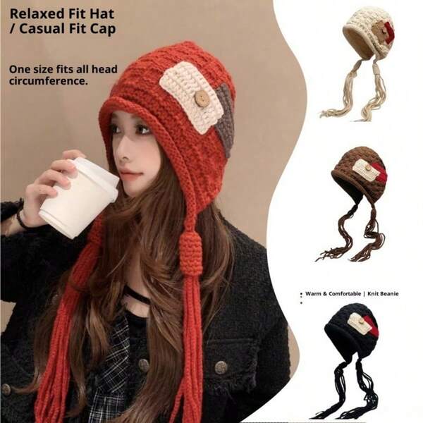 1pc Fashion Applique Tassel Knit Hat For Women, Warm Knitted Beanie, Christmas Santa Hat, Petite Size