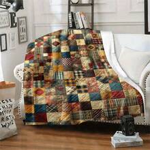 1 Piece Large Patchwork Quilted Blanket - Soft Flannel Four Seasons Bedspread, Colorful Plaid And Diamond Pattern, Brown/Blue/Red/Black/Beige/White/Grey - Lightweight Suitable For Sofa, Bed, Travel, Office - Ideal Gift And Home Decoration, Modern Style, Warm Earth Tone Vibrant Patchwork Design, Suitable For Home, Travel Or Gift Giving, Made Of Comfortable Flannel Fabric, Blanket, Queen Size Bed Blanket, Cartoon Blanket - 花色 - 查看 2