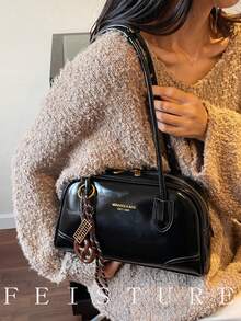 1个PU材质女士通勤腋下包，时尚保龄球包款式，带吊坠，适合日常出行、约会和通勤。 - 黑色 - 查看 6