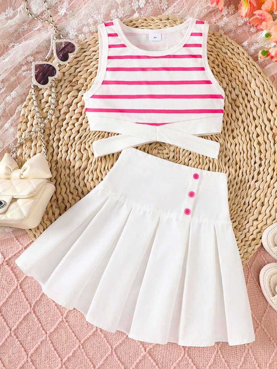 Conjunto de 2 piezas para niña preadolescente: Camiseta de tirantes cruzados a rayas rosa y blanco + Falda plisada blanca con botones, dulce y juguetón, adecuado para ocasiones casuales y citas - Blanco - Ver 1