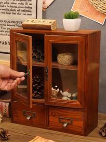 1pc Vintage Wooden Double Door Display Cabinet, Multipurpose Storage For Collectibles, Cosmetics, Coffee Cups, Decorative Drawers Organizer Box, Jewelry Box Gift (Acrylic Has Protective Film, Please Remove Before Use) - Brown - View 7