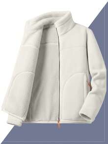 Women's Unique Design Wool Fleece Jacket - Autumn/Winter Stand Collar Zip-Up Hoodie, Loose Casual Sports Coat, Ski Wear - Black - View 1