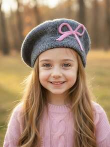 1pc Girls' Embroidered Bow Knit Beret Hat, New Autumn/Winter Knitted Hat, Decorative Hat, Painter Cap, Warm For Autumn/Winter, Versatile For All Seasons - 1PC - View 11