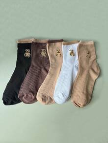 5 Pairs Women's Bear Pattern Mid-Calf Socks, Casual/Preppy Style Short Socks, Assorted Colors, Spring/Summer - Multicolor - View 7