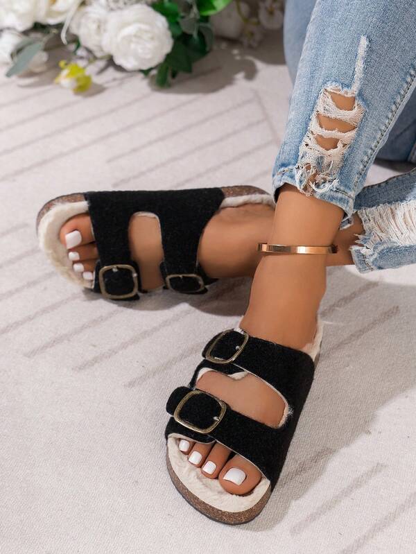 Damen Herbst/Winter Mode Lässig Hausschuhe, weiche & warme Fleecefütterung, verstellbarer Doppelschnallenverschluss, geeignet für Innen- und Außenbereich