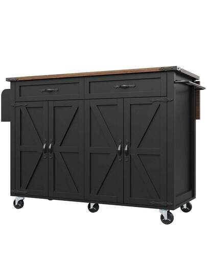 Kitchen Isl Serving Cart Countertop, Cabinet, Trolley, Food Four Doors Two Drawers, Wood Finish view 4