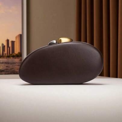 2025 New Vintage Art Oval Box Bag, Burgundy Glossy PU Leather, Gold Metal Clasp Chain Strap Crossbody Bag, 23.5cm Mini Capacity Clutch Purse, Elegant Party Evening Bag, Luxury Accessory