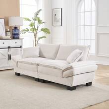 Nowoczesna i prosta sofa dwuosobowa z puchowym siedziskiem, wystarczająco wygodna, przytulna, a zarazem przestronna do salonu/sypialni/biura, w kolorze jasnoszarym. - Beżowy + Aksamit + 2 Siedziska + Pianka - Zobacz 2