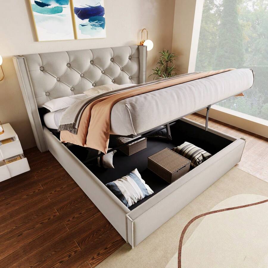 Upholstered Hydraulic Single Bed 90x200cm, Bed With Metal Mesh Frame, Modern Bed Frame With Storage, Cotton, Grey - LIGHT GREY + Cotton + 140cm*200cm - View 1