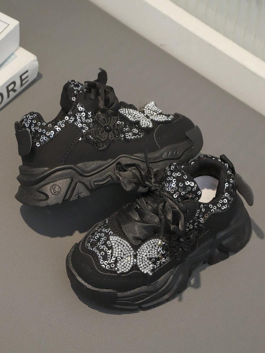 Fashionable Glitter Butterfly Children's Sports Shoes, PU Rubber Anti-Slip Sole, Suitable For Boys And Girls Outdoor Walking & Casual Wear - Black - View 1