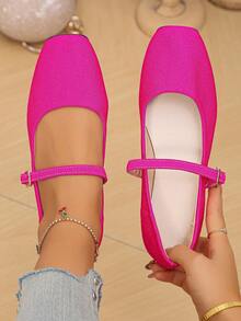 女士宽楦平底鞋，方头，休闲百搭，适合搭配连衣裙，灰粉色，尺码35-43，春秋季，芭蕾平底鞋 - 玫紅色布面細紋 - 查看 2