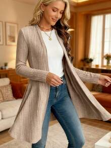 Women's Elegant Oversized Cardigan Sweater - Soft Medium Stretch Longline Coat With Collar & Sleeves, Hand Washable Casual To Semi-Formal Blazer Jacket For Fall/Winter Layering (Grey/Black) - Màu Khaki - Xem 1