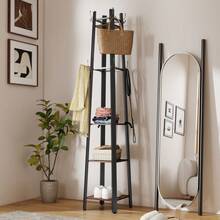 HOMCOM Freestanding Wardrobe With 4 Shelves, Freestanding Clothes Rack, 8 Hooks, 4 Shelves, Industrial Style, Metal, Support Plate, Brown On Site - 1 - View 2