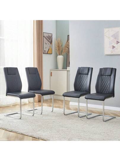 Zwart PU Dining Stoel In Nordic (Four Chairs Inside Box) Mesh Stitching Shiny Zilver Metal Legs Non Slip Feet, Versatility. view 11