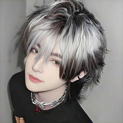 深色渐变短直发合成假发，带侧刘海，适合增加发量