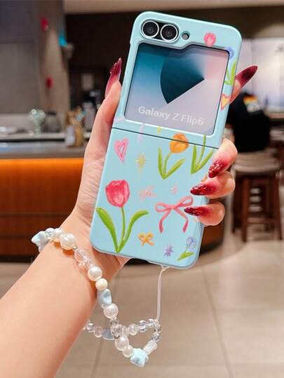 1pc Fashionable And Simple Skin Feel PC Material Cute Full Screen Plant Flower Element Folding Phone Case, Matched With The Same Color Bracelet, Can Protect And Prevent Falling: SamsungGalaxy Zflip 3/Zflip 4/Zflip 5/Zflip 6/Zflip 7/ Razr 50 Ultra/ Razr 60 Ultra/ Razr 60/Alaxy Z FE