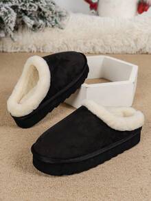 Women's Solid Color Casual Fashion Slippers, Warm Thermal Lining, Soft & Comfortable, Suitable For Outdoor & Indoor Wear, Thick Sole Long Plush Thermal Lined Warm Slippers, Autumn/Winter - Black - View 6
