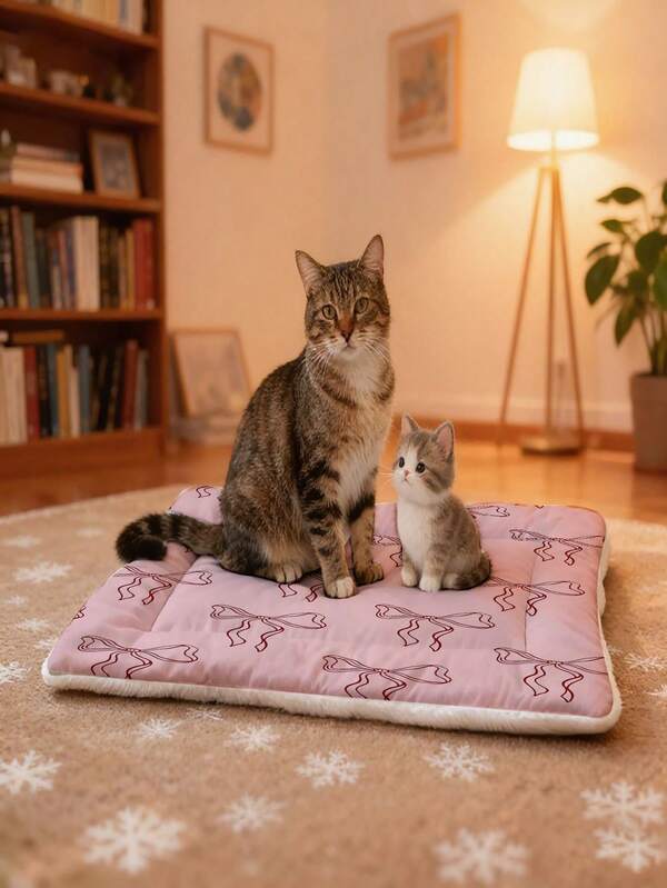 1pc Minimalist Bow Design Reversible Pet Mat, Soft Plush Double-Sided Warm Pet Pad, Washable, Suitable For Small/Medium/Large Dogs, Indoor/Outdoor Use, Easy To Clean Pet Bed, Comfortable For All Seasons