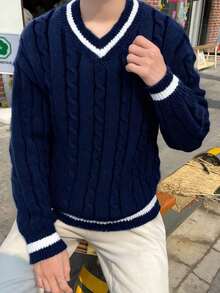 1pc V-Neck Sweater, Casual & Fashionable College Style For Teenage Boys, Autumn/Winter