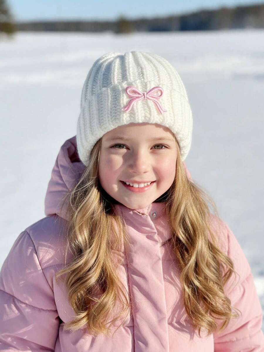 1顶女童刺绣蝴蝶结针织帽，时尚幼儿女童秋冬季针织帽，保暖儿童针织帽，白色儿童冬帽