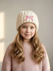 1顶女童刺绣蝴蝶结针织帽，时尚幼儿女童秋冬季针织帽，保暖儿童针织帽，白色儿童冬帽 - 1PC - 查看 15
