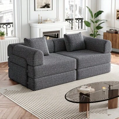 Chenille 2-In-1 Sofa Bed With Armrest Storage Pocket, Three Metal Frames And Multiple Configuration Options
