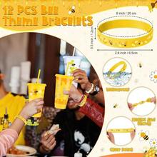Set/24 Pcs Bee Theme Party Favors Set Include 24oz Honey Bee Plastic Cups With Lids And Straws And Silicone Bracelets Wristbands Reusable Plastic Tumblers For Birthday Party - ĐenTrắngvàVàng - Xem 3