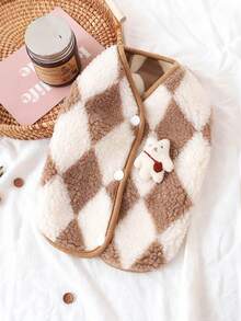 可爱毛绒狗狗猫咪背心外套，带3D小熊和领结 - 宠物服装，适合中小型犬猫，柔软保暖宠物服