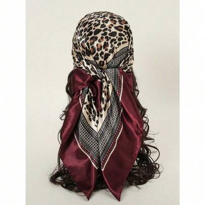1pc Women's 90CM Fashion Scarf With Leopard Print, Satin Square Bandana Headscarf, Spring/Summer