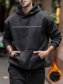 Plus Size Men's Casual Street Floral Font "Grateful" Slogan Minimalist Print Thermal Lined Hoodie, Autumn/Winter, Long Sleeve Top - Black - View 2