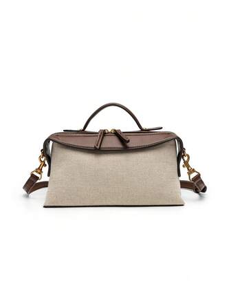 新款小众复古撞色手提小包 时尚斜挎帆布PU小方包 单肩包