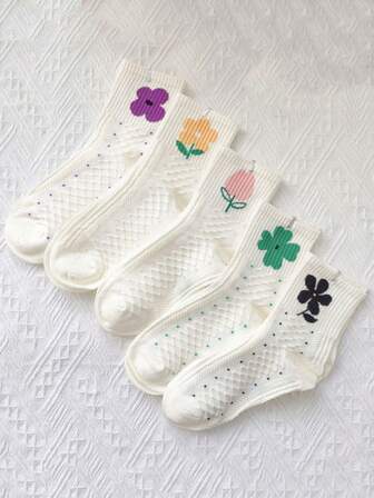 5 pares de calcetines de media caña versátiles y minimalistas con patrón floral de punto inverso para mujer en otoño