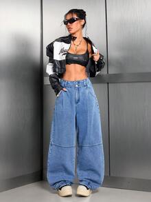 Quần jeans ống rộng phong cách bohemian thường ngày dành cho nữ, quần denim dài dáng rộng không co giãn với chi tiết cúc và khóa kéo, túi kiểu Y2K, tạo vẻ ngoài thoải mái. - Rửa trung bình - Xem 5