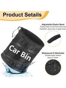 1个可折叠防漏防水车载垃圾桶，带可调节绑带，易于清洁，带储物袋，多功能车载收纳袋，适用于汽车前排/后排座椅/长途旅行，适合家长/通勤者/拼车司机，也是送给新车主/汽车爱好者的实用礼物。 - 黑色 - 查看 6