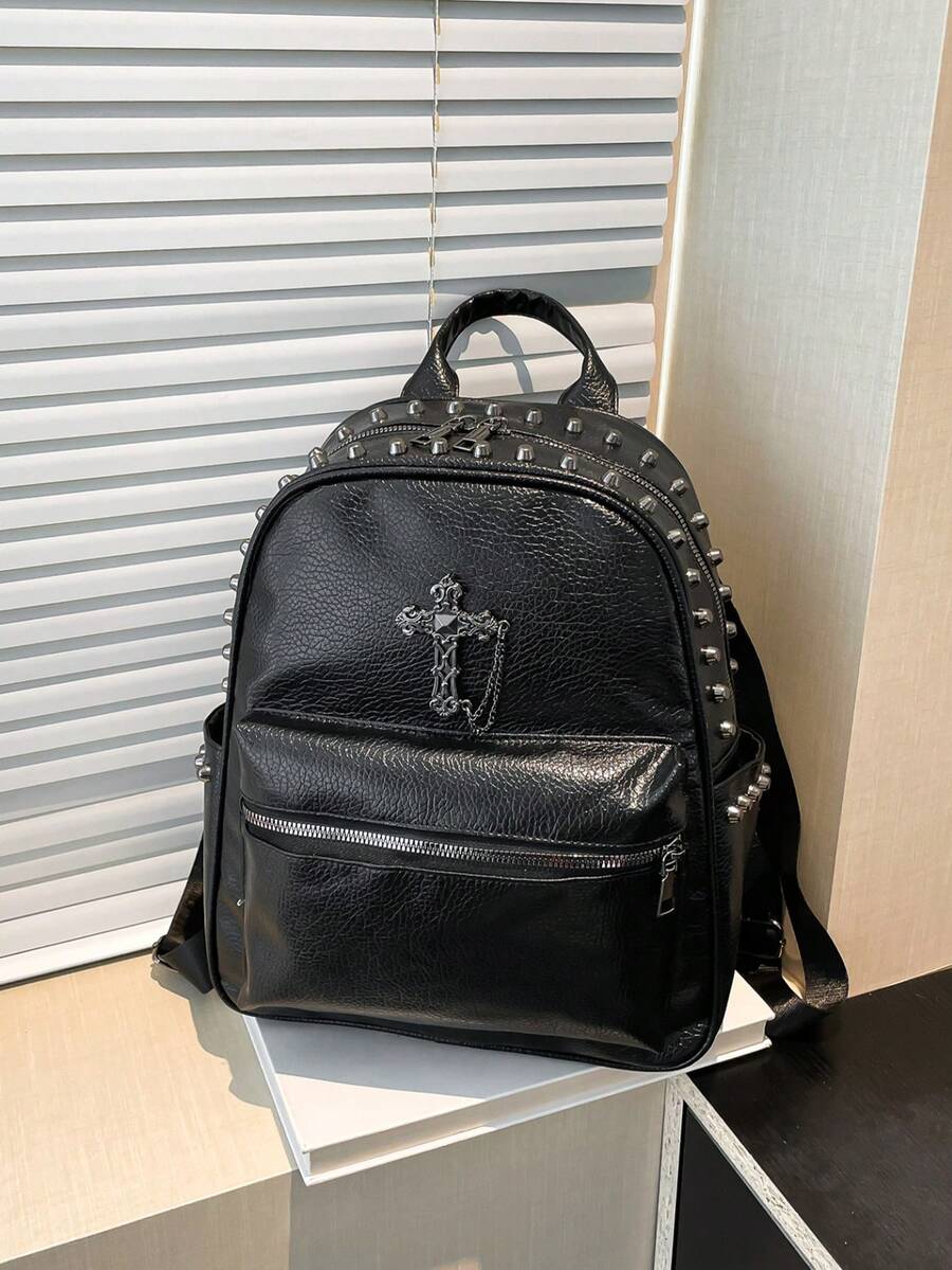 Women's Retro Punk Biker Girl Backpack, Black Rivet Handbag, Personalized Cross Flap Backpack With Multiple Pockets, Large Capacity, Suitable For Travel, School, Casual, Commute