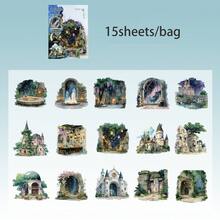 15张/袋贴纸，“魔法秘密收藏系列”，复古神秘魔法主题PET贴纸，剪贴簿用品，笔记本配件，相框装饰品，电脑和手机壳，水杯，旧杂志，铅笔盒，桌面装饰贴纸，返校季贴纸，学习用品 - 彩色 - 查看 15