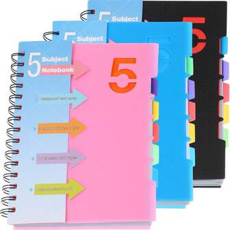 一套5本主题笔记本，包含学校规则图案，6x8英寸横线笔记本，带可拆卸分隔标签，A5尺寸，220页，适合办公室、学校、工作使用（黑色、蓝色、粉色）