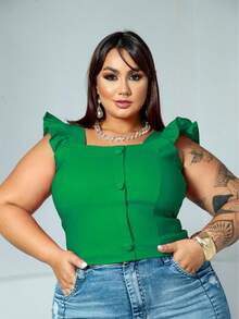 Women's Summer Plus Size Cropped Blouse With Ruffled Sleeves, Button Detail, Back Zipper, Curve Look, Sizes 44 To 54 - Green - View 1