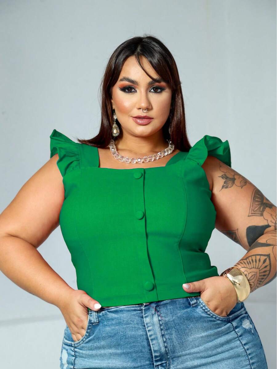 Women's Summer Plus Size Cropped Blouse With Ruffled Sleeves, Button Detail, Back Zipper, Curve Look, Sizes 44 To 54 - Green - View 1