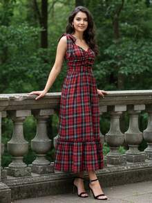 Womens Tie Shoulder Christmas Dress Sleeveless Sweetheart Neck Plaid Print Dress Holiday Midi Dress - 紅色 - 查看 3