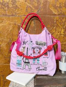 1pc New Fashion Embroidered Eiffel Tower Pattern Lightweight Foldable Nylon Tote Bag, Suitable For Party, Travel, Shopping And Beach Use