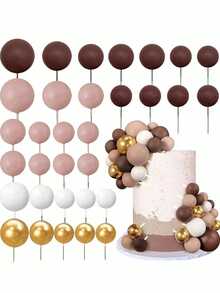 32 Stücke Kugel Cake Picks, bunte kugelförmige Cake Topper, Perlen Kugeln, Cupcake Cake Einsatz Topper für Geburtstags Party Dekoration, dunkelbraun, hellbraun, weiß, gold (Bitte nach Anbringen des weißen Rohrs verwenden. Die kugelförmige Oberfläche sollte den Kuchen nicht berühren.)