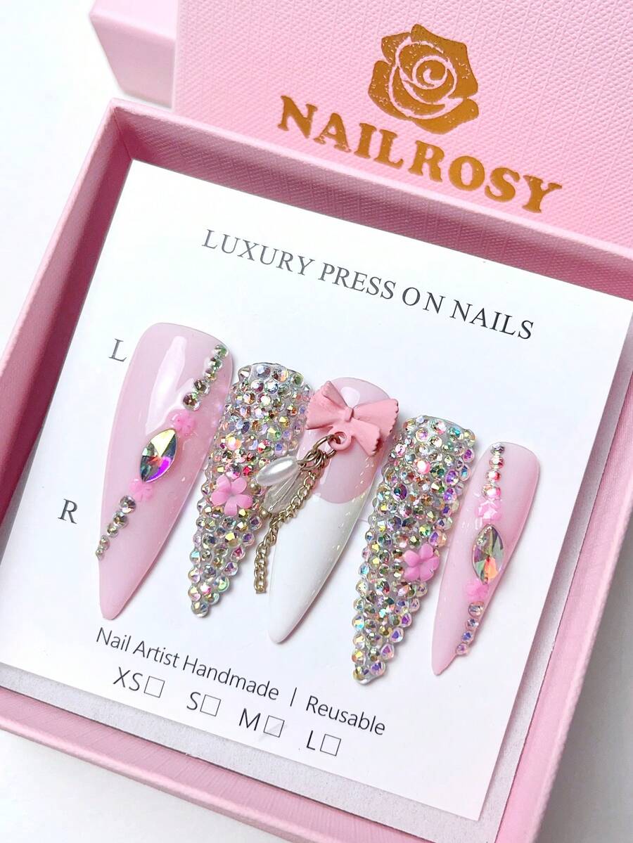 10Pcs Handmade Press On Nails Kit Long Almond Transparent White Yellow Purple Wave Point Flower Bling Glitter Glistening Iridescent Luxurious Rhinestone Decor Japanese Style - Multicolor - View 1