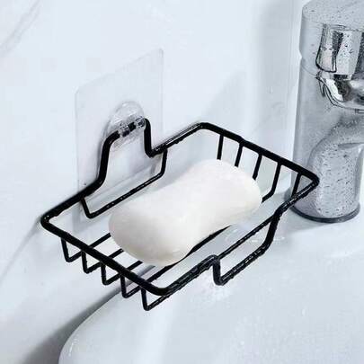 1pc Self-Adhesive Soap Dish Holder, Stainless Steel Rust-Proof Soap Rack, No Drilling Soap Holder, Wall-Mounted Soap Dish, Suitable For Shower, Kitchen Sponge Holder, Bathroom, Square Black & Silver