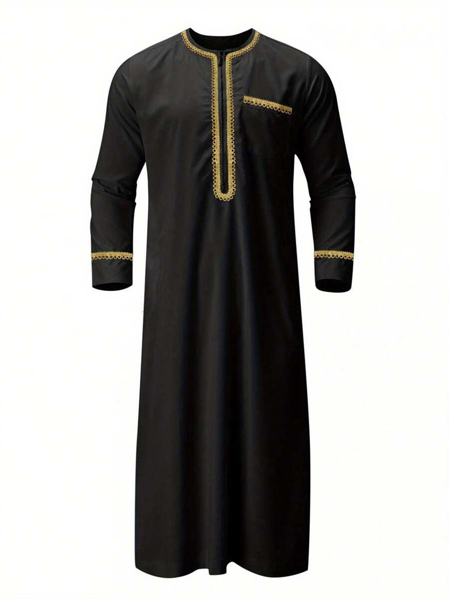 Hot  Men'S Kaftan Robe, Gold Embroidery Long Sleeve Round Neck Loose Robe  National Clothing - Black - View 1