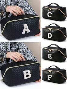 1个PU皮革化妆收纳包，字母图案，防水便携，AB水钻，仿珍珠字母拉链设计，新娘化妆包，化妆包，洗漱包，收纳袋，简约风格，可定制贴纸，旅行化妆包，女士浴室洗漱包（字母A~Z），送给妈妈的礼物，沙滩包，返校必备 - 彩色 - 查看 4