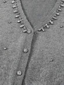 Áo khoác cardigan dài tay cổ chữ V màu xám thanh lịch, cao cấp dành cho nữ, cài cúc phía trước, đính đá, chất liệu dệt kim gân, thoải mái, thích hợp cho mùa thu/đông, đi chơi, tiệc tùng, hẹn hò, dạo phố, đi học, nghỉ dưỡng, Giáng sinh và năm mới. - Xám - Xem 7