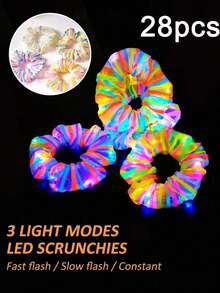 28pcs Luminous Hair Scrunchies - Women's LED Hair Scrunchies - Scrunchies, Glowing Hair Scrunchies For Women, Colorful Yarn Scrunchies, Multiple Lighting Modes, Dreamy Mesh Print LED Party Hair Accessories, Glow-In-The-Dark Hair Decorations, Suitable For Women's Parties, Ceremonies, New Year Gifts, Girl Gifts, Personalized Gifts, Valentine's Day, Easter, New Year's Eve, Christmas Gifts, And Happy New Year (Random Color) - Colored Hair Band - View 9