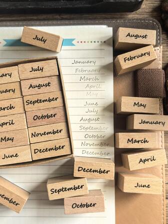 12pcs/Box Vintage Handwritten English Month Rubber Stamp Set, DIY Decoration & Scrapbooking Supplies